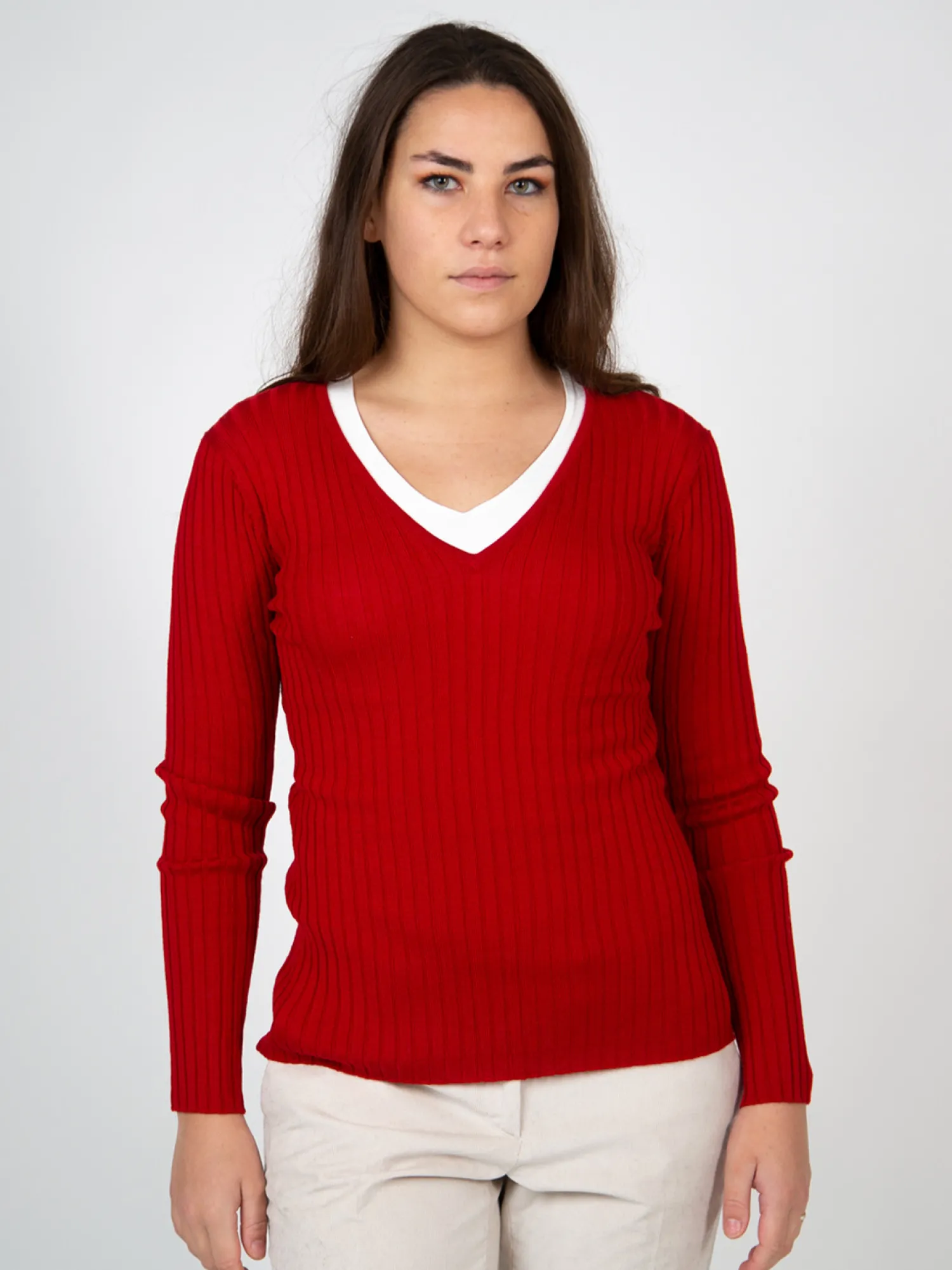 Femme Bruce Field Pull col V en pure laine mérinos Venus